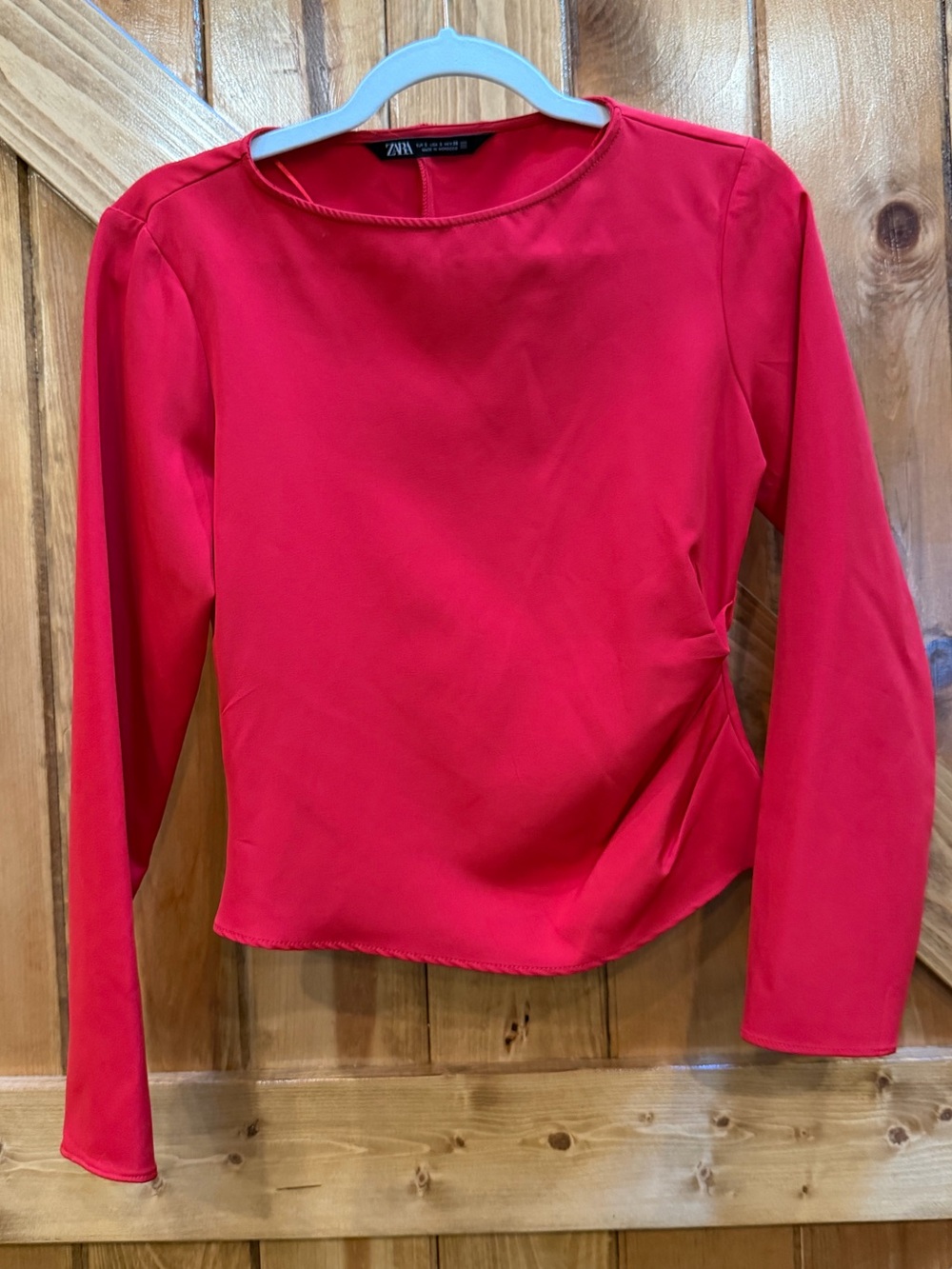 Zara Red Ruched Side Long Sleeve Top S 5039/474